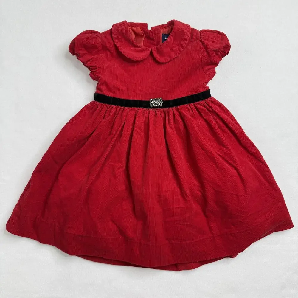 Ralph Lauren Dress Girls 12M Red Corduroy Collared Fit & Flare Velvet Belt Party